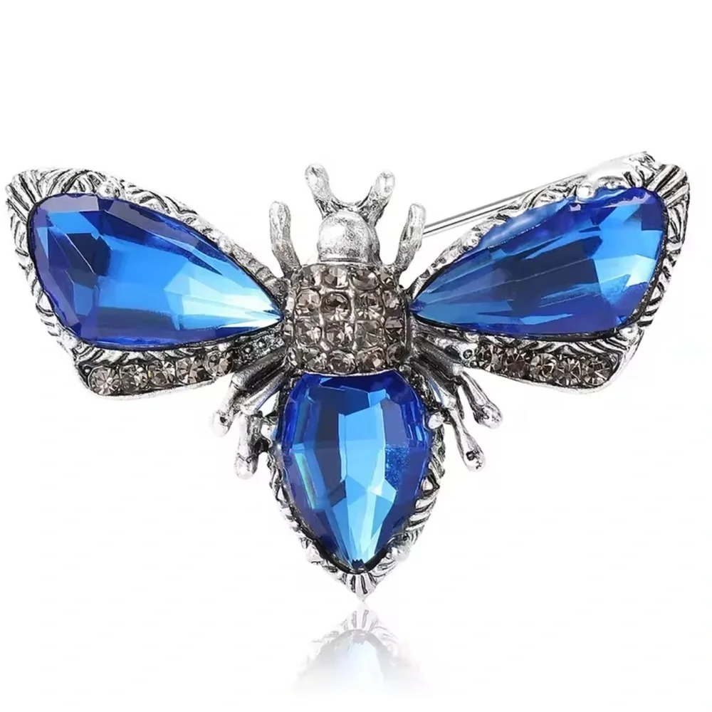 Vintage Sapphire Gem Insect Brooch — Silver Tone